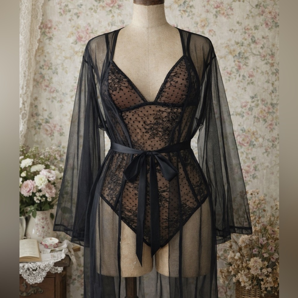 Victoria Secret Black Lace, Polka Dot, Floral, Sheer Bodysuit Lingerie